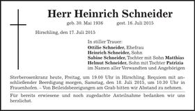 Traueranzeige Heinrich Schneider