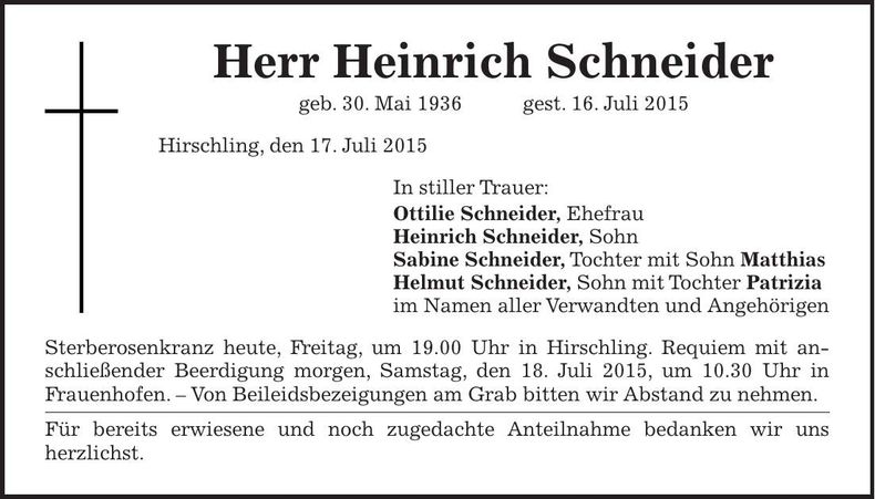 Traueranzeige Heinrich Schneider