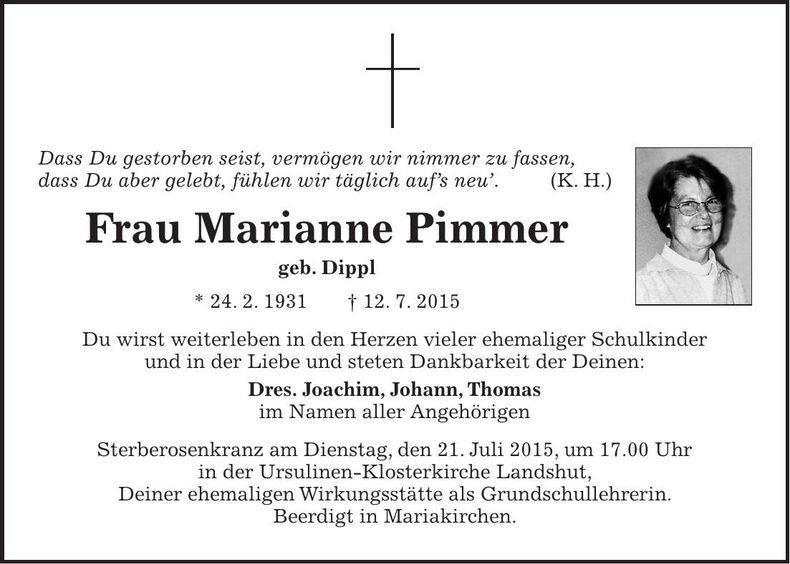 Traueranzeige Marianne Pimmer