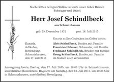 Traueranzeige Josef Schindlbeck