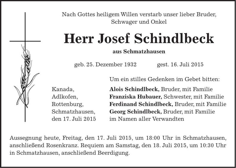 Traueranzeige Josef Schindlbeck