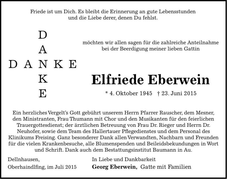 Traueranzeige Elfriede Eberwein