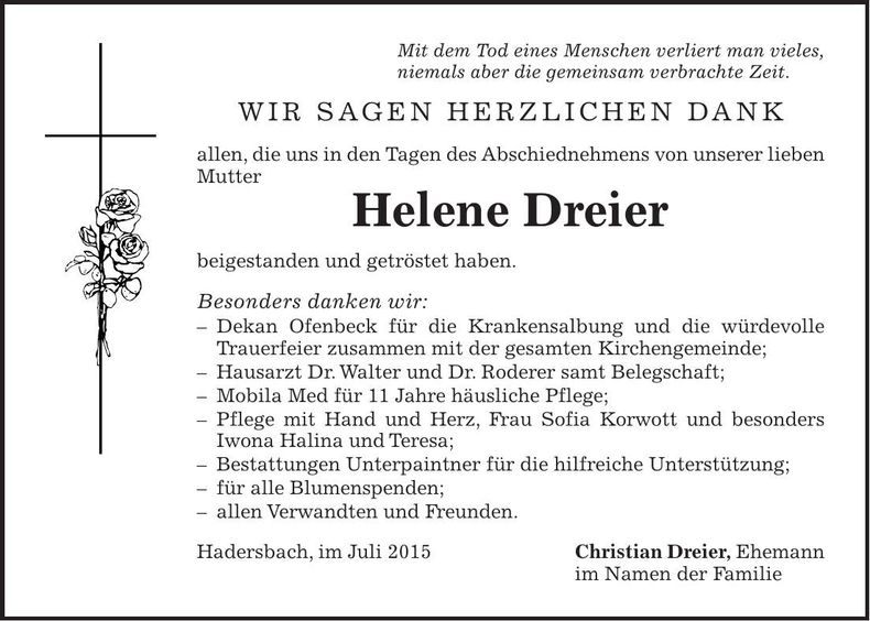 Traueranzeige Helene Dreier