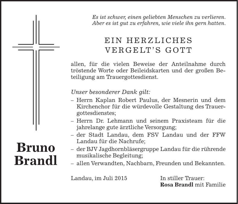 Traueranzeige Bruno Brandl