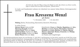 Traueranzeige Kreszenz Wenzl