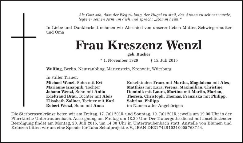 Traueranzeige Kreszenz Wenzl