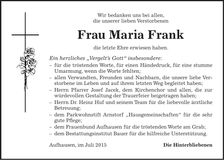 Traueranzeige Maria Frank
