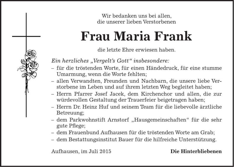 Traueranzeige Maria Frank