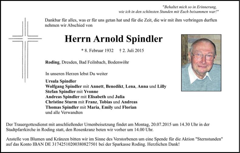 Traueranzeige Arnold Spindler