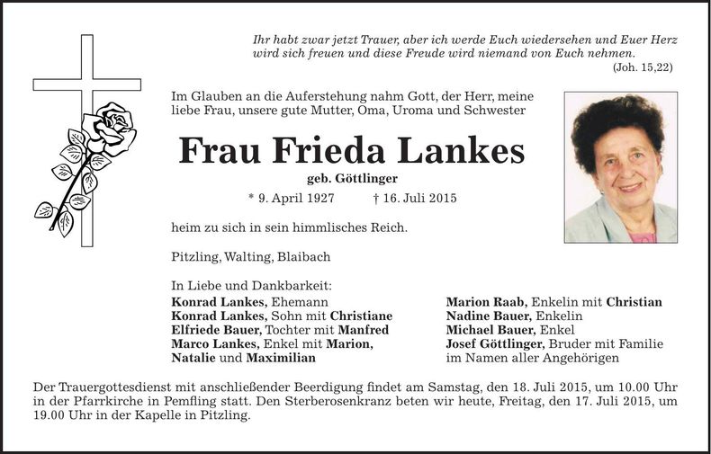 Traueranzeige Frieda Lankes