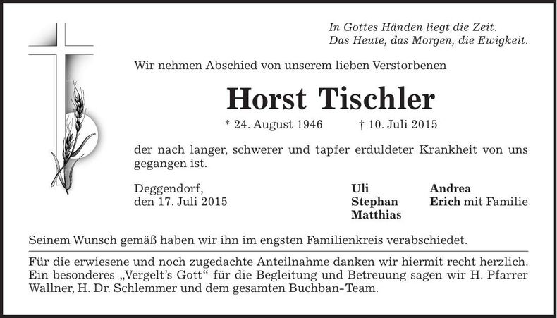 Traueranzeige Horst Tischler