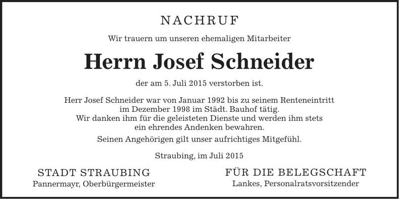 Traueranzeige Josef Schneider