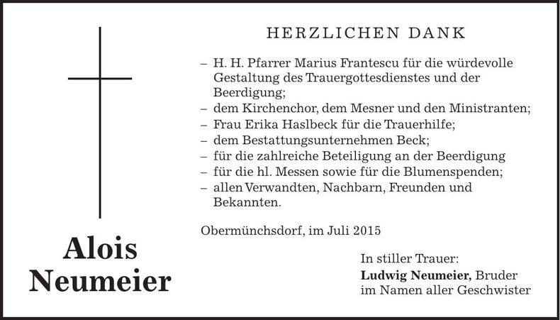 Traueranzeige Alois Neumeier