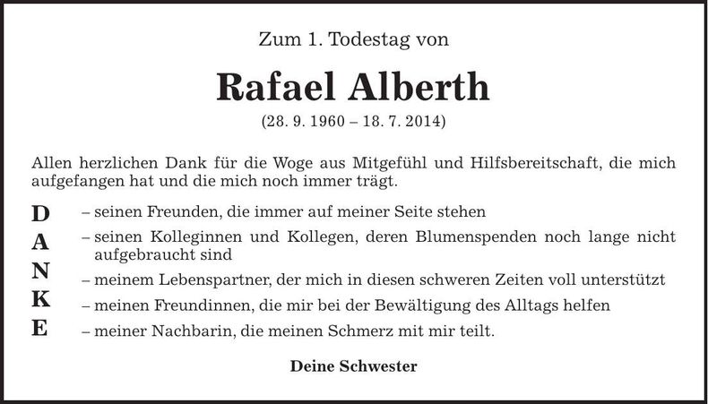 Traueranzeige Rafael Alberth