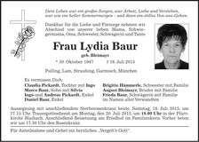 Traueranzeige Lydia Baur