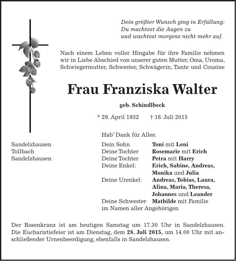 Traueranzeige Franziska Walter