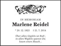 Traueranzeige Marlene Reidel