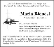 Traueranzeige Maria Rienesl