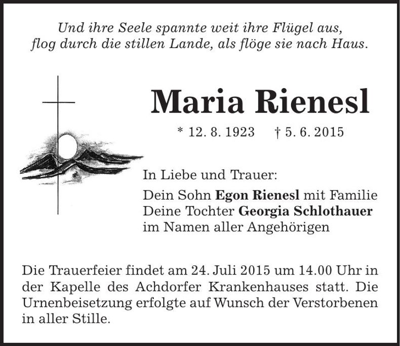 Traueranzeige Maria Rienesl