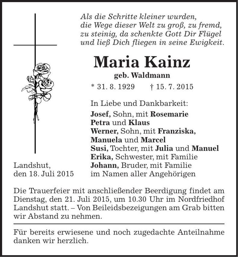 Traueranzeige Maria Kainz