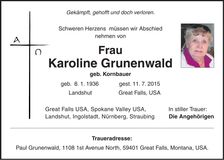 Traueranzeige Karoline Grunenwald