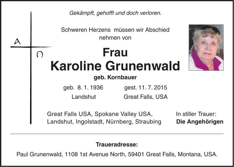 Traueranzeige Karoline Grunenwald