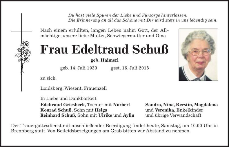 Traueranzeige Edeltraud Schuß