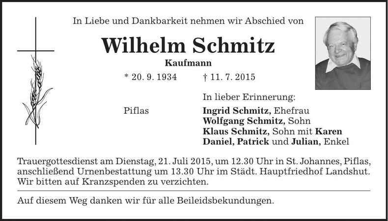 Traueranzeige Wilhelm Schmitz