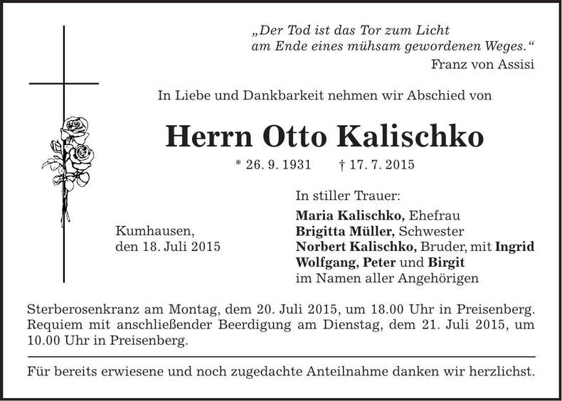 Traueranzeige Otto Kalischko