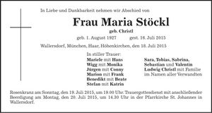 Traueranzeige Maria Stöckl
