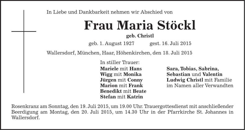 Traueranzeige Maria Stöckl