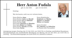 Traueranzeige Anton Fudala