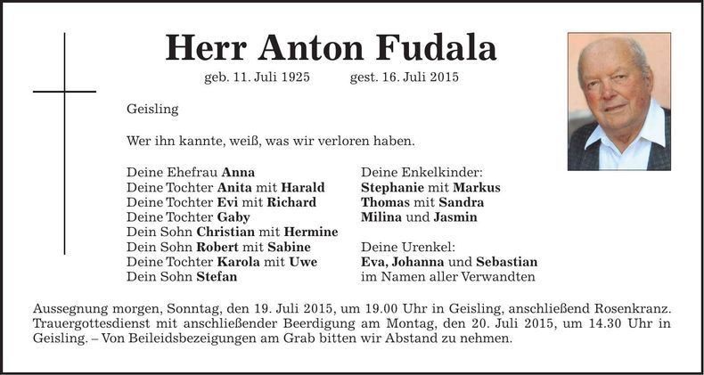 Traueranzeige Anton Fudala