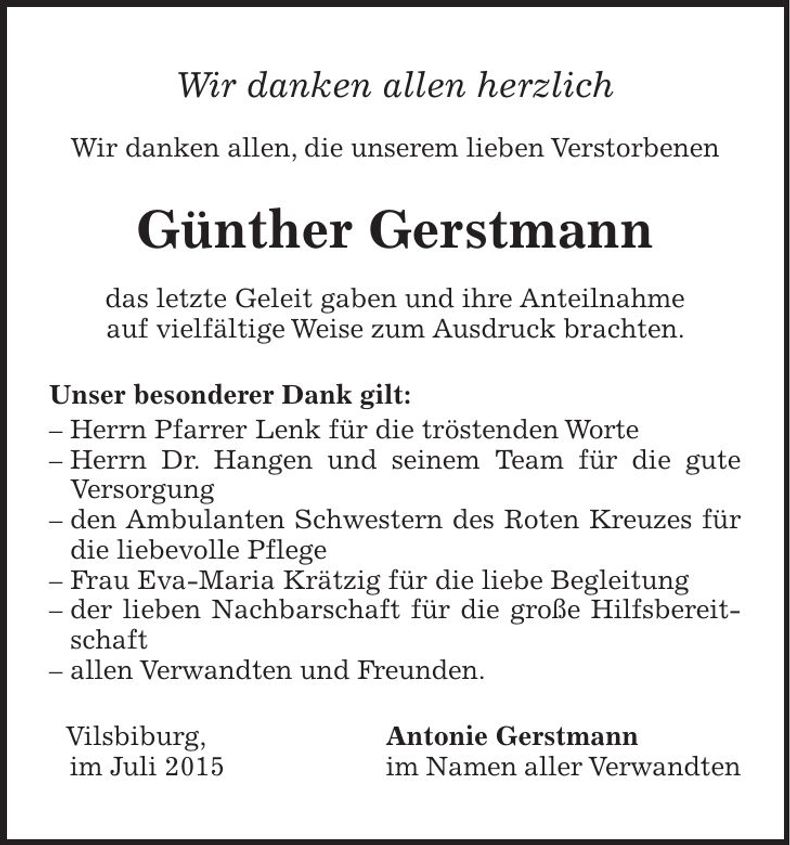 Traueranzeige Günther Gerstmann