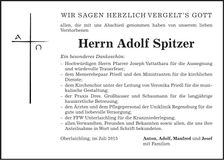 Traueranzeige Adolf Spitzer