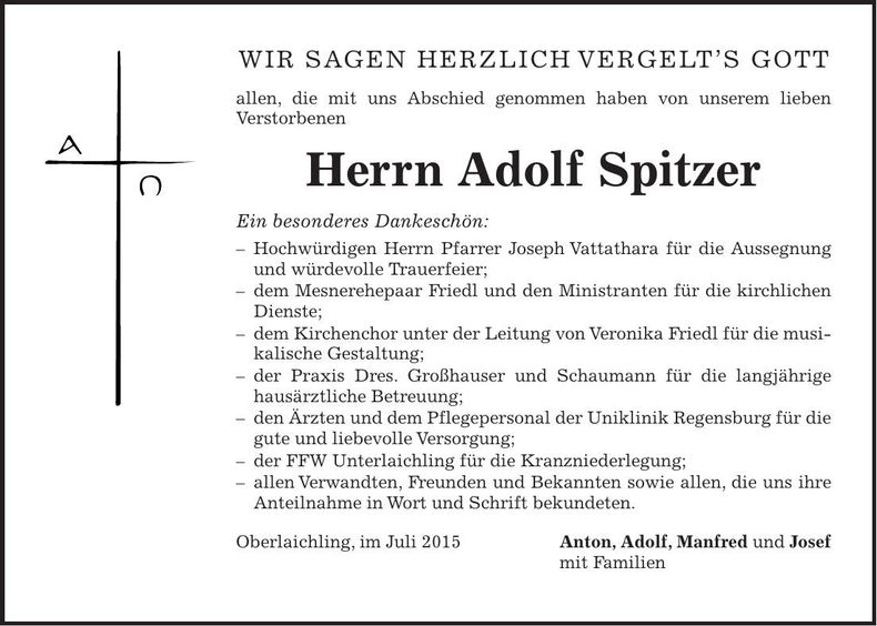 Traueranzeige Adolf Spitzer