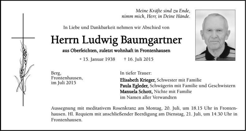 Traueranzeige Ludwig Baumgartner