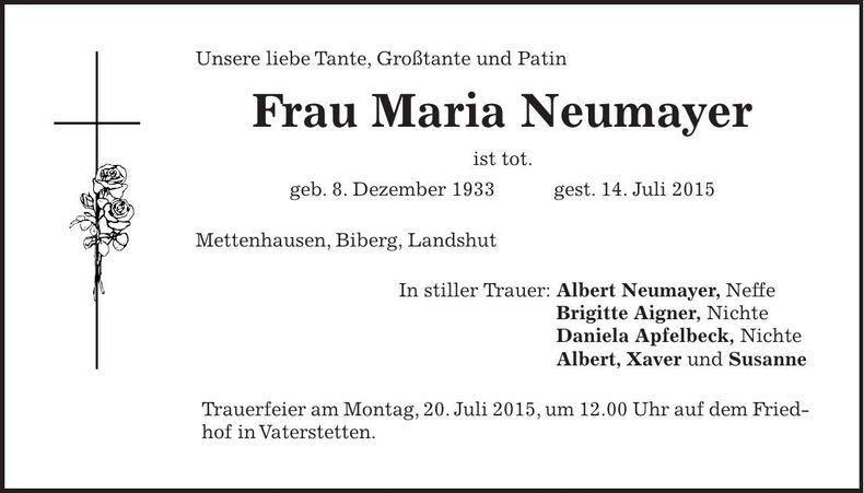Traueranzeige Maria Neumayer