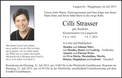 Traueranzeige Cilli Strasser