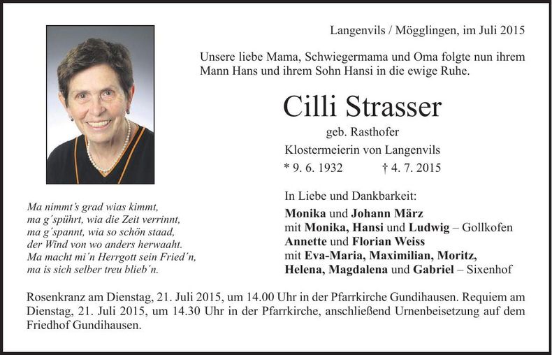 Traueranzeige Cilli Strasser