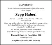 Traueranzeige Sepp Haberl