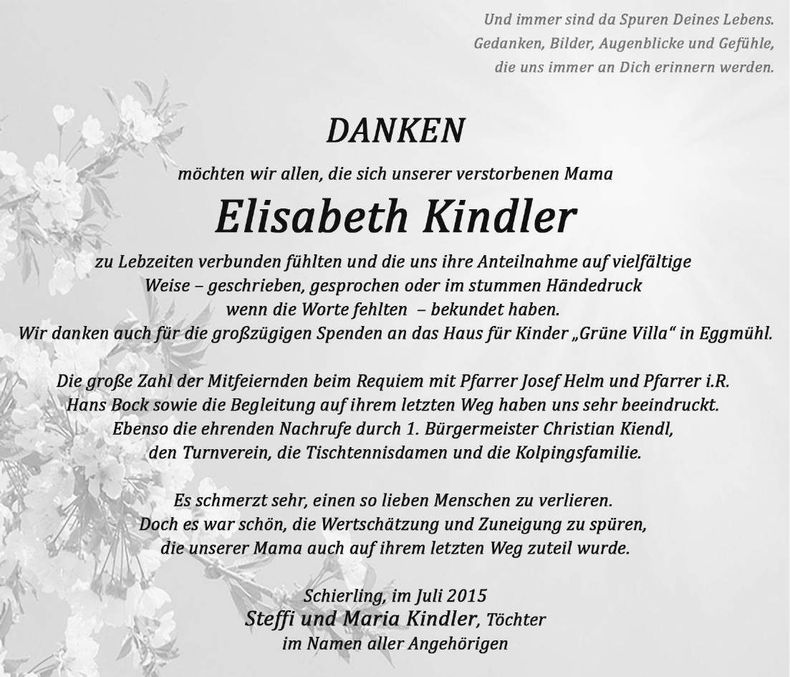 Traueranzeige Elisabeth Kindler