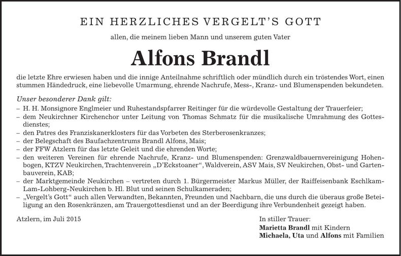 Traueranzeige Alfons Brandl