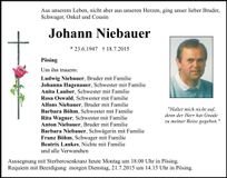 Traueranzeige Johann Niebauer