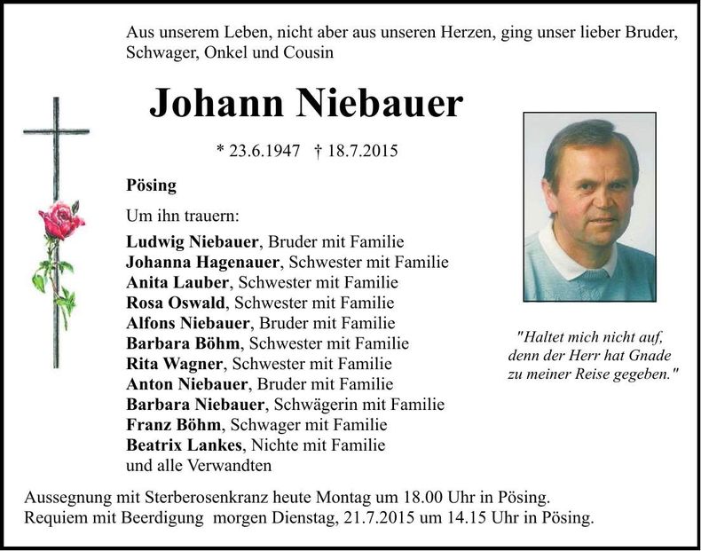 Traueranzeige Johann Niebauer