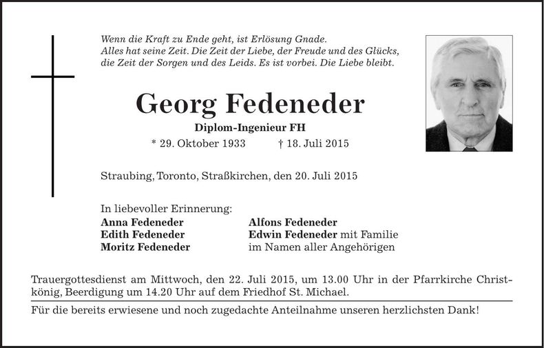 Traueranzeige Georg Fedeneder