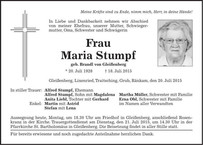 Traueranzeige Maria Stumpf