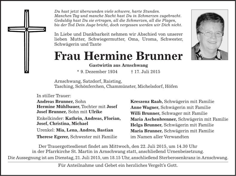 Traueranzeige Hermine Brunner
