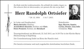 Traueranzeige Randolph Ortsiefer