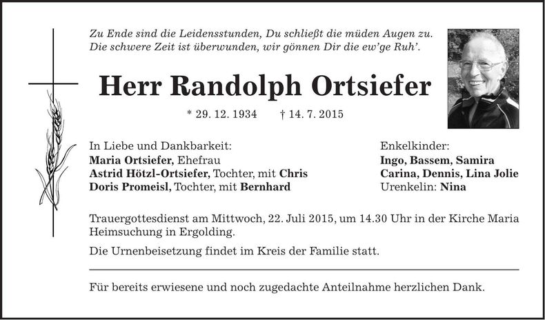 Traueranzeige Randolph Ortsiefer